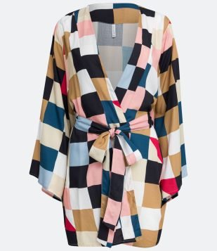 Kimono Longo em Viscose com Estampa Xadrez e Amarração Multicores 