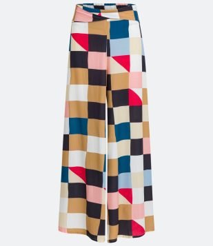  Saída de Praia Calça Pantalona em Viscose com Estampa Xadrez Multicores 
