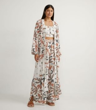  Kimono Alongado em Viscolinho Manga Longa com Estampa Mix Tropical e Yin Yang Bege 