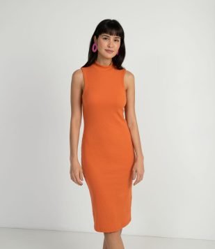  Vestido Midi Básico em Algodão Canelado com Gola Alta Laranja 