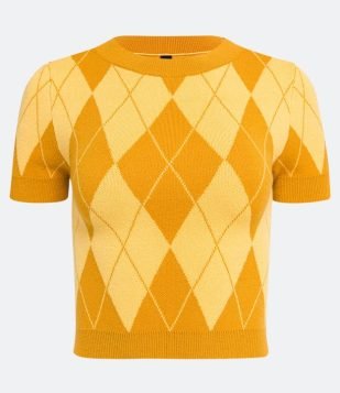  Blusa em Tricô Xadrez com Gola Redonda e Manga Curta Amarelo 