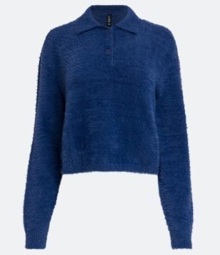  Blusa em Tricô com Gola Polo e Manga Longa Azul 