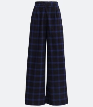  Calça Pantalona em Flanela com Cós Elástico e Estampa Xadrez Azul 