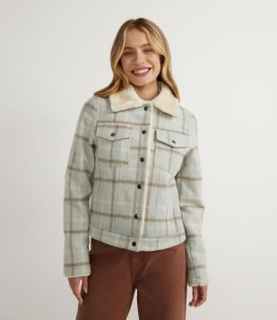 JAQUETA XADREZ EM POLIVELOUR COM GOLA COLARINHO CINZA