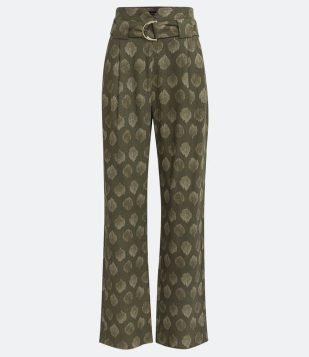  Calça Reta em Viscolinho com Estampa Poá de Folhagens e Cinto Verde 