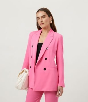  Blazer Alfaiataria com Botões na Vista e Gola Lapela Rosa 