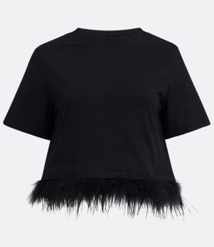  Blusa em Algodão com Gola Redonda e Plumas na Barra Preto 