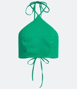  Blusa Regata Cropped em Viscolinho com Frente Única e Amarração Verde 