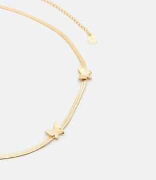  Gargantilha em Metal Achatada com Pingentes de Borboleta Dourado 