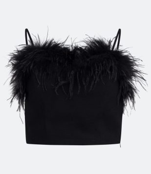  Blusa Regata Cropped em Crepe com Plumas Preto 