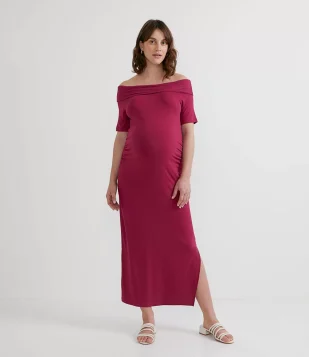 VESTIDO MIDI EM VISCOSE CANELADO OMBRO A OMBRO MATERNITY VERMELHO