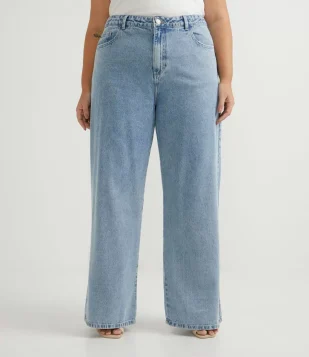 CALÇA WIDE LEG EM JEANS DELAVÊ CURVE & PLUS SIZE AZUL