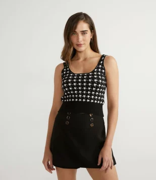 BLUSA REGATA EM TRICÔ COM ESTAMPA XADREZ PIED-DE-POULE PRETO