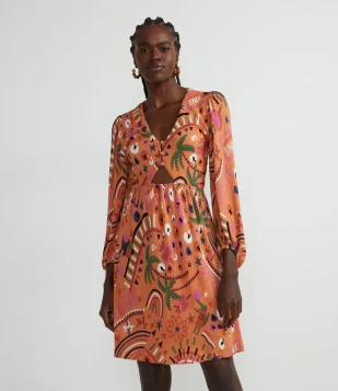 VESTIDO CURTO EM VISCOSE COM ESTAMPA TROPICAL COM MANGA BUFANTE LARANJA