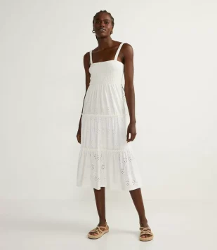 VESTIDO MIDI EM LAISE COM BABADO E ALÇA FINA BRANCO