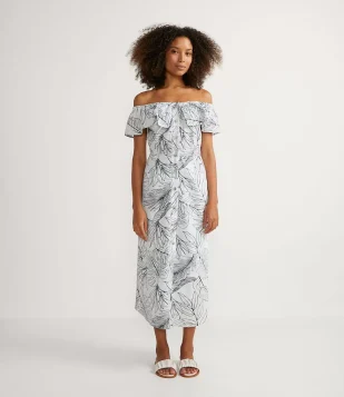 VESTIDO LONGO EM ALGODÃO COM BABADO E ESTAMPA DE FOLHAGEM BRANCO