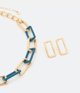 CONJUNTO BRINCO E COLAR EM METAL COM ELOS BOLD PINTADOS AZUL