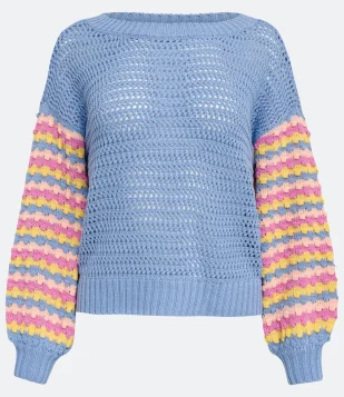 BLUSÃO FECHADO EM TRICÔ TEXTURIZADO COM GOLA CANOA E MANGA BUFANTE AZUL