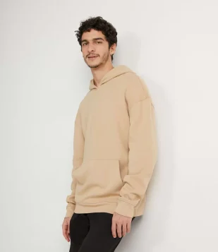 BLUSÃO OVERSIZED EM ALGODÃO COM CAPUZ E BOLSO CANGURU BEGE