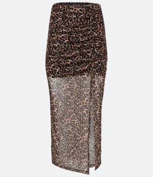SAIA MIDI EM TULE COM PUXADINHO E ESTAMPA ANIMAL PRINT ONÇA MARROM