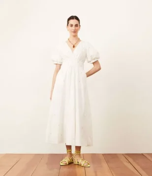 VESTIDO MIDI EM TRICOLINE COM BORDADOS E MANGA BUFANTE BRANCO