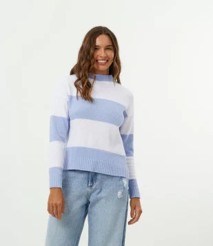 BLUSÃO SUÉTER EM TRICÔ LISTRADO AZUL