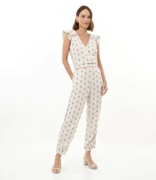 CALÇA FLUÍDA EM VISCOLINHO COM BORDADO DE FLORES E VIÉS CONTRASTANTE BEGE