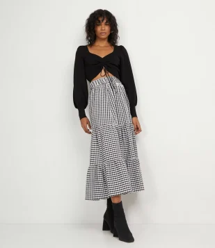 SAIA GODÊ MIDI EM ANA RUGA XADREZ E BABADO NA BARRA PRETO