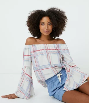 BLUSA CIGANINHA EM VISCOSE COM ESTAMPA XADREZ AZUL