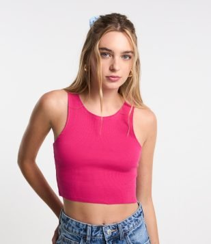 Blusa Cropped sem Manga em Algodão com Textura Canelada Rosa