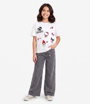 Calça Wide Leg Infantil Jeans Estonada com Corrente Hello Kitty - Tam 5 a 14 Anos Preto