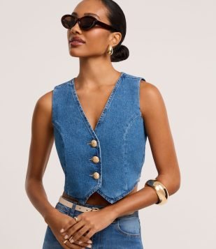 Colete em Jeans com Botões e Barra em V Azul Médio