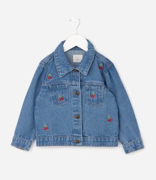Jaqueta Infantil em Jeans com Bordados de Cereja – Tam 1 a 6 Anos Azul
