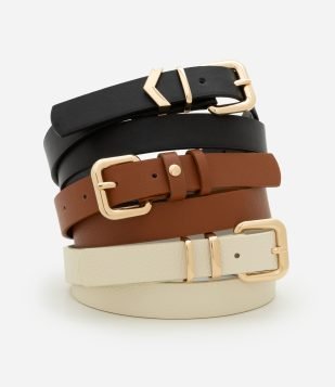 Kit 03 Cintos com Passante Metal em V Marrom-Preto-Off White