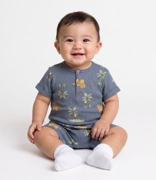 Macacão Bebê Em Algodão Estampa De Desenhos - Tam 0 a 18 Meses Azul