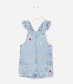 Macacão Jeans Infantil Com Mini Bordadinhos Tropical - Tam 1 a 6 Anos Azul