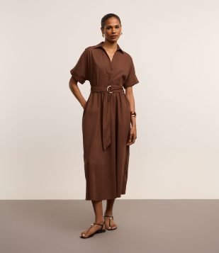 Vestido Chemise Evasê em Tricoline Fivela Meia Lua Marrom