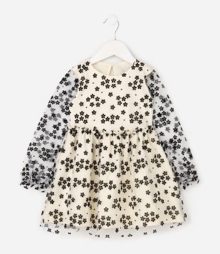 Vestido Curto Infantil em Tule Flocado - Tam 1 A 6 Anos Bege