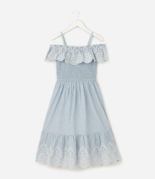 Vestido Infantil em Laise com Bordado Floral e Babado – Tam 5 a 16 Anos Azul Claro
