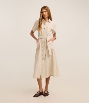 Vestido Midi em Sarja com Bolsos Utilitários e Amarração Branco