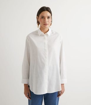 Camisa Alongada em Algodão sem Estampa Branco