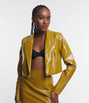 Blazer Cropped Em Vinil Com Forro Contrastante Amarelo