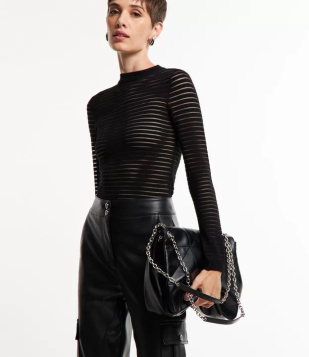 Blusa Em Tricô Com Gola Média E Listras Transparentes Preto