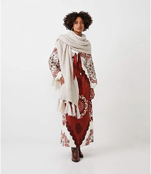 Vestido Midi em Viscolinho com Estampa Étnica Marrom/Branco