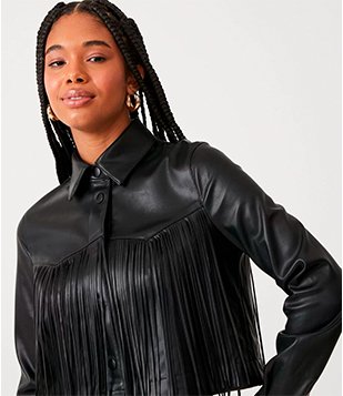 Jaqueta Em Material Sintético Com Franjas No Busto E Nas Costas Preto