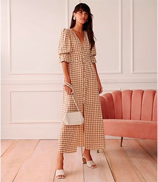 Vestido Midi Em Viscose Com Estampa Xadrez Bege