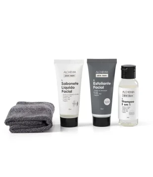 KIT FACIAL E CAPILAR CUIDADOS ESSENCIAIS COM SABONETE FACIAL + ESFOLIANTE FACIAL + SHAMPOO 2 EM 1 + TOALHA FACIAL ALCHEMIA 118,5G