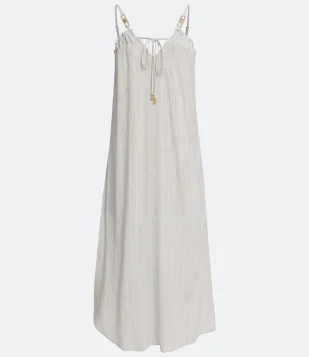 VESTIDO NEW MIDI EM VISCOLINHO COM DECOTE V BEGE