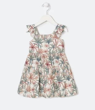 VESTIDO INFANTIL EM VISCOSE COM ESTAMPA DE BANANEIRAS - TAM 1 A 5 ANOS BRANCO