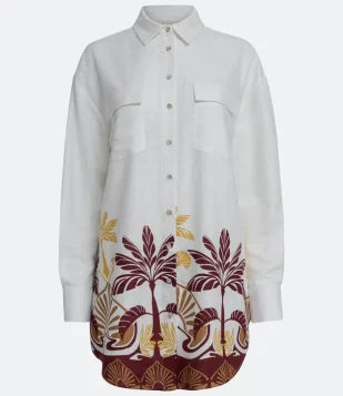 CAMISA EM VISCOLINHO COM BOLSOS EM LAPELA E ESTAMPA COQUEIRO OFF WHITE